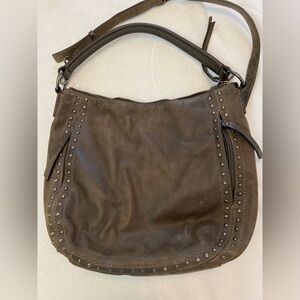 Frye Dark Brown Grey Studded Leather Victoria Hobo Bag